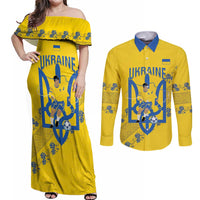 Personalised Ukraine Football Couples Matching Off Shoulder Maxi Dress and Long Sleeve Button Shirt Glory to Ukrainian