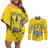 Personalised Ukraine Football Couples Matching Off Shoulder Short Dress and Long Sleeve Button Shirt Glory to Ukrainian