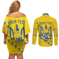 Personalised Ukraine Football Couples Matching Off Shoulder Short Dress and Long Sleeve Button Shirt Glory to Ukrainian
