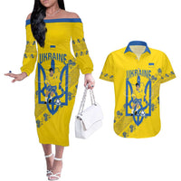 Personalised Ukraine Football Couples Matching Off The Shoulder Long Sleeve Dress and Hawaiian Shirt Glory to Ukrainian