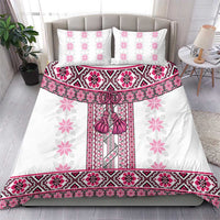 Ukraine Bedding Set Traditional Braided Rope Belt Pink Folk Pattern