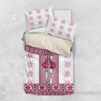 Ukraine Bedding Set Traditional Braided Rope Belt Pink Folk Pattern