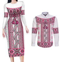Ukraine Couples Matching Long Sleeve Bodycon Dress and Long Sleeve Button Shirt Traditional Braided Rope Belt Pink Folk Pattern