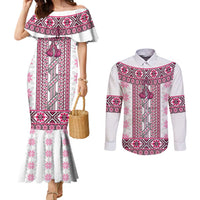 Ukraine Couples Matching Mermaid Dress and Long Sleeve Button Shirt Traditional Braided Rope Belt Pink Folk Pattern