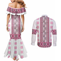 Ukraine Couples Matching Mermaid Dress and Long Sleeve Button Shirt Traditional Braided Rope Belt Pink Folk Pattern