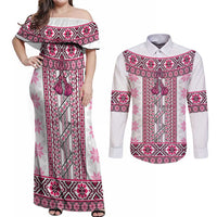 Ukraine Couples Matching Off Shoulder Maxi Dress and Long Sleeve Button Shirt Traditional Braided Rope Belt Pink Folk Pattern
