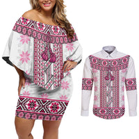 Ukraine Couples Matching Off Shoulder Short Dress and Long Sleeve Button Shirt Traditional Braided Rope Belt Pink Folk Pattern
