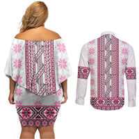 Ukraine Couples Matching Off Shoulder Short Dress and Long Sleeve Button Shirt Traditional Braided Rope Belt Pink Folk Pattern