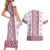 Ukraine Couples Matching Short Sleeve Bodycon Dress and Hawaiian Shirt Traditional Braided Rope Belt Pink Folk Pattern