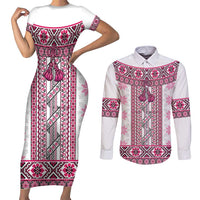 Ukraine Couples Matching Short Sleeve Bodycon Dress and Long Sleeve Button Shirt Traditional Braided Rope Belt Pink Folk Pattern