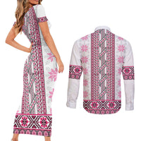 Ukraine Couples Matching Short Sleeve Bodycon Dress and Long Sleeve Button Shirt Traditional Braided Rope Belt Pink Folk Pattern