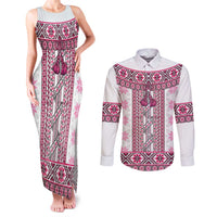 Ukraine Couples Matching Tank Maxi Dress and Long Sleeve Button Shirt Traditional Braided Rope Belt Pink Folk Pattern