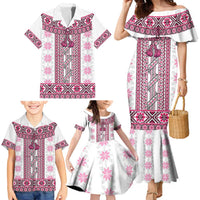 Ukraine Family Matching Mermaid Dress and Hawaiian Shirt Traditional Braided Rope Belt Pink Folk Pattern