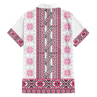 Ukraine Family Matching Off The Shoulder Long Sleeve Dress and Hawaiian Shirt Traditional Braided Rope Belt Pink Folk Pattern