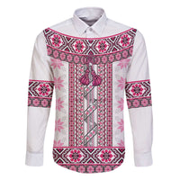 Ukraine Family Matching Off The Shoulder Long Sleeve Dress and Hawaiian Shirt Traditional Braided Rope Belt Pink Folk Pattern