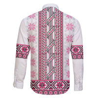 Ukraine Family Matching Off The Shoulder Long Sleeve Dress and Hawaiian Shirt Traditional Braided Rope Belt Pink Folk Pattern