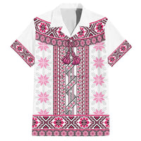 Ukraine Family Matching Off Shoulder Maxi Dress and Hawaiian Shirt Traditional Braided Rope Belt Pink Folk Pattern