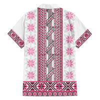 Ukraine Family Matching Off Shoulder Maxi Dress and Hawaiian Shirt Traditional Braided Rope Belt Pink Folk Pattern