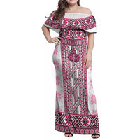Ukraine Family Matching Off Shoulder Maxi Dress and Hawaiian Shirt Traditional Braided Rope Belt Pink Folk Pattern