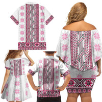 Ukraine Family Matching Off Shoulder Short Dress and Hawaiian Shirt Traditional Braided Rope Belt Pink Folk Pattern