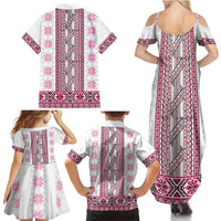 Ukraine Family Matching Summer Maxi Dress and Hawaiian Shirt Traditional Braided Rope Belt Pink Folk Pattern