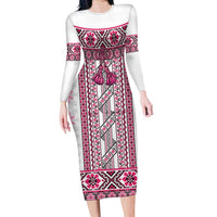 Ukraine Long Sleeve Bodycon Dress Traditional Braided Rope Belt Pink Folk Pattern