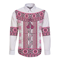 Ukraine Long Sleeve Button Shirt Traditional Braided Rope Belt Pink Folk Pattern