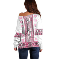 Ukraine Off Shoulder Sweater Traditional Braided Rope Belt Pink Folk Pattern