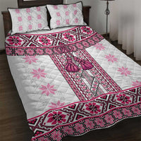 Ukraine Quilt Bed Set Traditional Braided Rope Belt Pink Folk Pattern