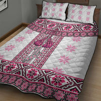 Ukraine Quilt Bed Set Traditional Braided Rope Belt Pink Folk Pattern