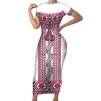 Ukraine Short Sleeve Bodycon Dress Traditional Braided Rope Belt Pink Folk Pattern
