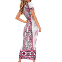Ukraine Short Sleeve Bodycon Dress Traditional Braided Rope Belt Pink Folk Pattern