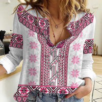 Ukraine Women Casual Shirt Traditional Braided Rope Belt Pink Folk Pattern