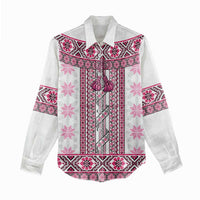 Ukraine Women Casual Shirt Traditional Braided Rope Belt Pink Folk Pattern