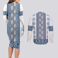 Ukraine Couples Matching Long Sleeve Bodycon Dress and Long Sleeve Button Shirt Traditional Braided Rope Belt Blue Folk Pattern