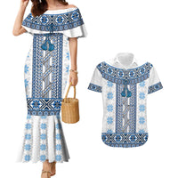 Ukraine Couples Matching Mermaid Dress and Hawaiian Shirt Traditional Braided Rope Belt Blue Folk Pattern