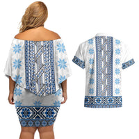 Ukraine Couples Matching Off Shoulder Short Dress and Hawaiian Shirt Traditional Braided Rope Belt Blue Folk Pattern