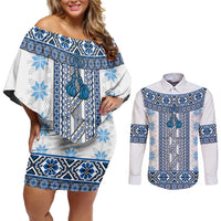 Ukraine Couples Matching Off Shoulder Short Dress and Long Sleeve Button Shirt Traditional Braided Rope Belt Blue Folk Pattern
