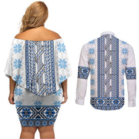 Ukraine Couples Matching Off Shoulder Short Dress and Long Sleeve Button Shirt Traditional Braided Rope Belt Blue Folk Pattern