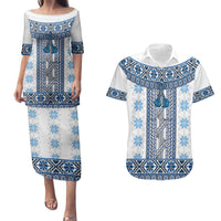 Ukraine Couples Matching Puletasi and Hawaiian Shirt Traditional Braided Rope Belt Blue Folk Pattern