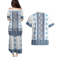 Ukraine Couples Matching Puletasi and Hawaiian Shirt Traditional Braided Rope Belt Blue Folk Pattern