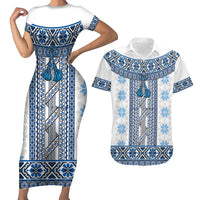 Ukraine Couples Matching Short Sleeve Bodycon Dress and Hawaiian Shirt Traditional Braided Rope Belt Blue Folk Pattern