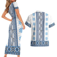 Ukraine Couples Matching Short Sleeve Bodycon Dress and Hawaiian Shirt Traditional Braided Rope Belt Blue Folk Pattern