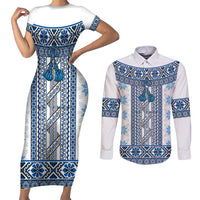 Ukraine Couples Matching Short Sleeve Bodycon Dress and Long Sleeve Button Shirt Traditional Braided Rope Belt Blue Folk Pattern
