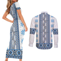 Ukraine Couples Matching Short Sleeve Bodycon Dress and Long Sleeve Button Shirt Traditional Braided Rope Belt Blue Folk Pattern