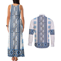 Ukraine Couples Matching Tank Maxi Dress and Long Sleeve Button Shirt Traditional Braided Rope Belt Blue Folk Pattern