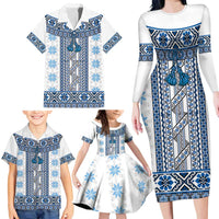 Ukraine Family Matching Long Sleeve Bodycon Dress and Hawaiian Shirt Traditional Braided Rope Belt Blue Folk Pattern