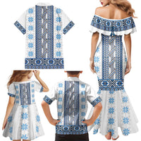 Ukraine Family Matching Mermaid Dress and Hawaiian Shirt Traditional Braided Rope Belt Blue Folk Pattern