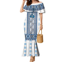 Ukraine Family Matching Mermaid Dress and Hawaiian Shirt Traditional Braided Rope Belt Blue Folk Pattern
