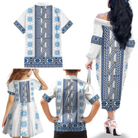 Ukraine Family Matching Off The Shoulder Long Sleeve Dress and Hawaiian Shirt Traditional Braided Rope Belt Blue Folk Pattern